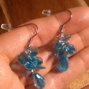 Faceted Blue Glass Dangle Earrings in Silvertone and Stainless Steel